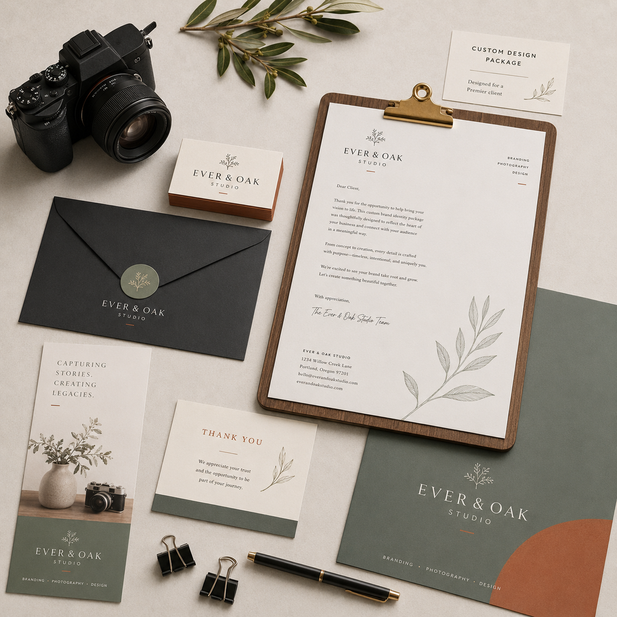 Custom design service sample with coordinated printed materials.