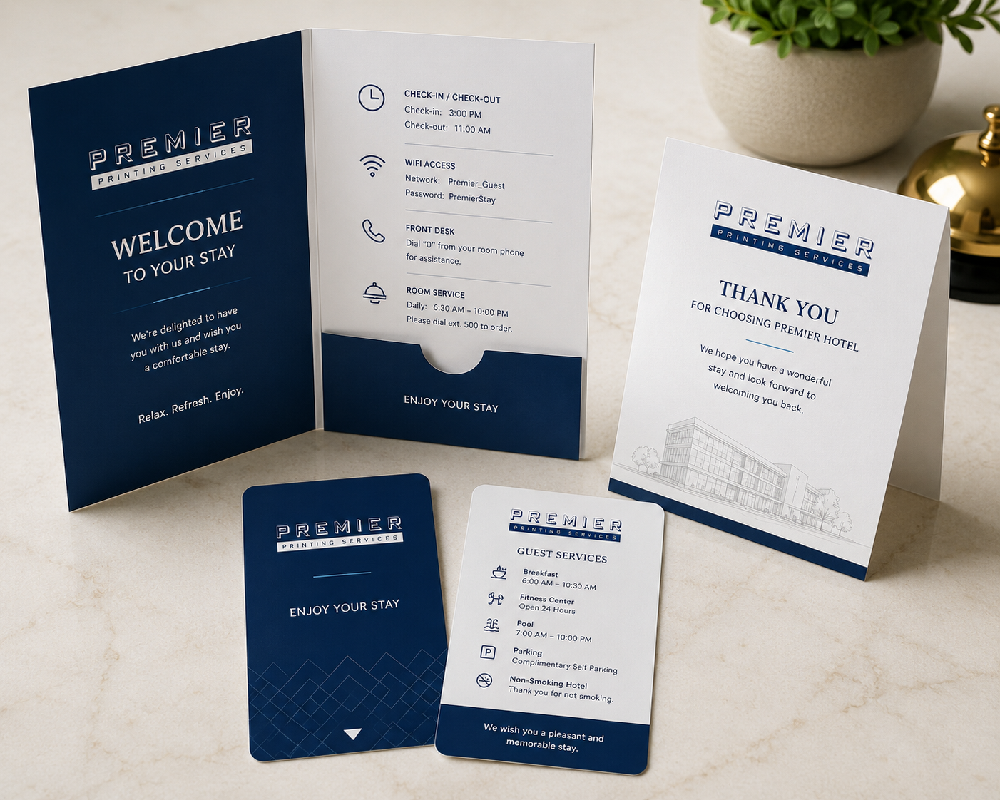 Hotel welcome materials and guest cards.